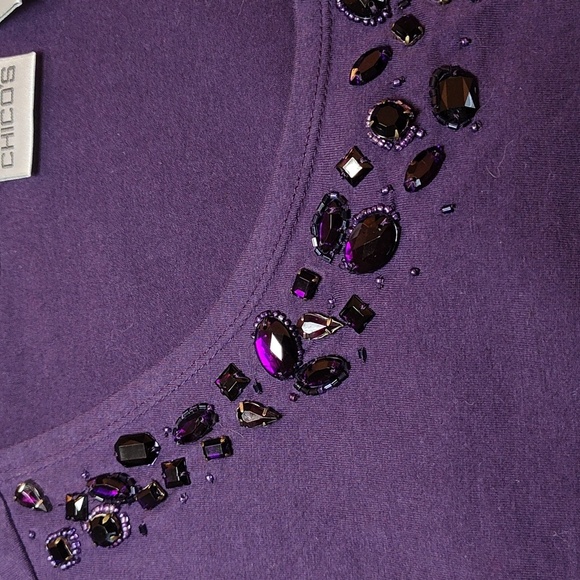 Chico's T Shirt Size 2 Purple Beaded Long Sleeve Scoop Neck Embellished Large - Picture 10 of 11